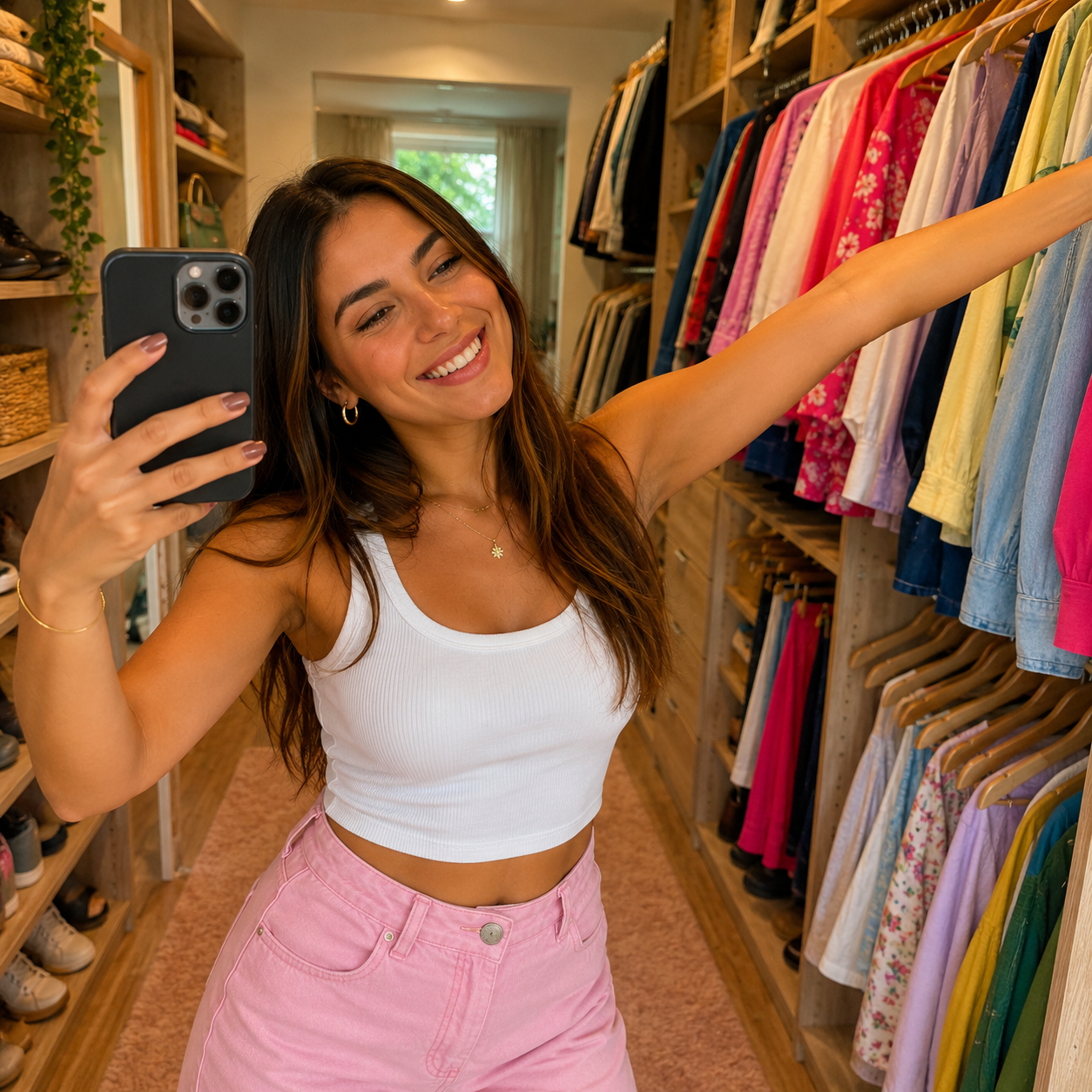 Mujer joven con ropa casual y colorida en su closet